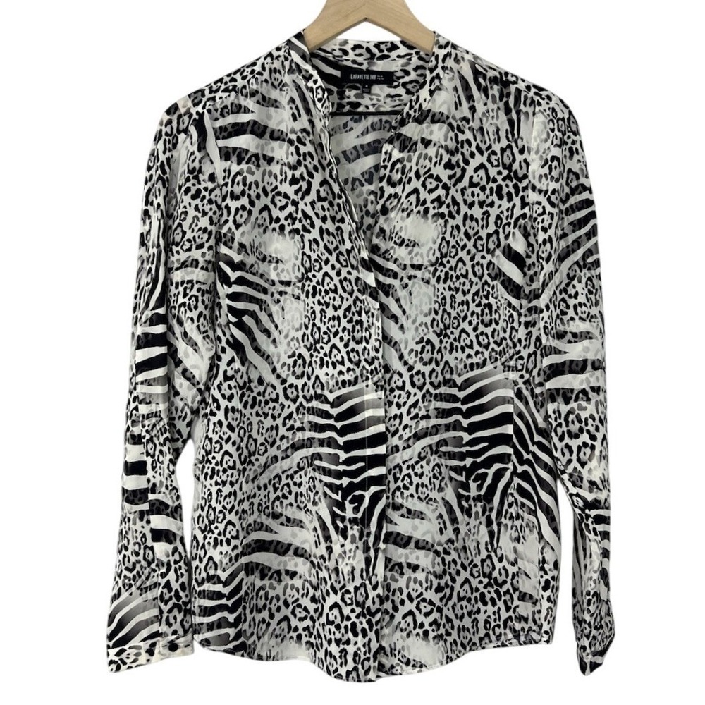 Lafayette 148 New York Size 4 Silk Animal Print Blouse Zebra Leopard Black White